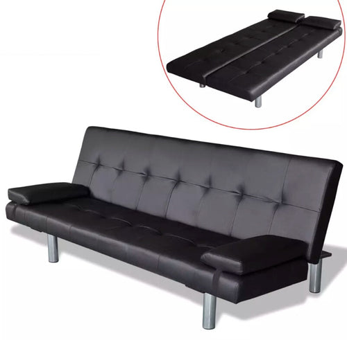 VidaXL Adjustable Sofa Bed With Two Pillows Black Synthetic Leather And Wooden Frame Living Room Furniture Sofa L-Shaped