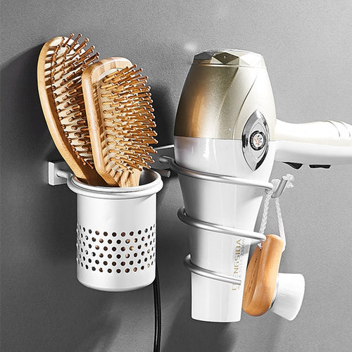 Gold Hair Dryer Holder Space Aluminium Bathroom Wall Shelf Hair Dryer Rack with Basket Bathroom Accessories Banyo Aksesuarlari