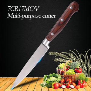 5"inch 7CR17MOV Red Color Wood Handle Multi Function Utility Chef Steel Knives Kitchen Fruit Knives Sharp Cleaver Slicing Knife